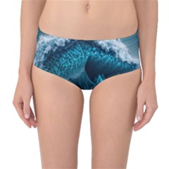 Tsunami Waves Ocean Sea Water Rough Seas Blue Mid-waist Bikini Bottoms by Wegoenart