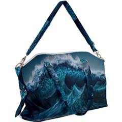 Tsunami Waves Ocean Sea Water Rough Seas Blue Canvas Crossbody Bag by Wegoenart