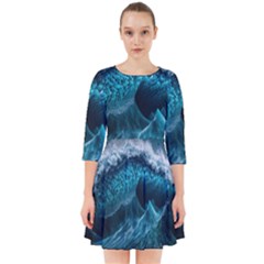 Tsunami Waves Ocean Sea Water Rough Seas Blue Smock Dress by Wegoenart