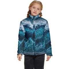 Tsunami Waves Ocean Sea Water Rough Seas Blue Kids  Puffer Bubble Jacket Coat