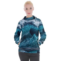 Tsunami Waves Ocean Sea Water Rough Seas Blue Women s Hooded Pullover by Wegoenart