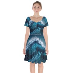 Tsunami Waves Ocean Sea Water Rough Seas Blue Short Sleeve Bardot Dress by Wegoenart