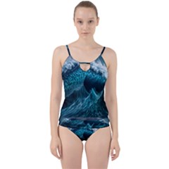 Tsunami Waves Ocean Sea Water Rough Seas Blue Cut Out Top Tankini Set by Wegoenart