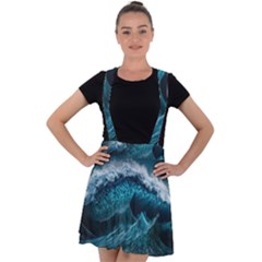 Tsunami Waves Ocean Sea Water Rough Seas Blue Velvet Suspender Skater Skirt by Wegoenart