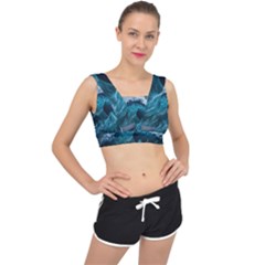 Tsunami Waves Ocean Sea Water Rough Seas Blue V-back Sports Bra by Wegoenart