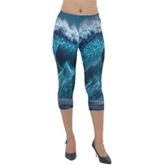 Tsunami Waves Ocean Sea Water Rough Seas Blue Lightweight Velour Capri Leggings  by Wegoenart