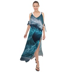 Tsunami Waves Ocean Sea Water Rough Seas Blue Maxi Chiffon Cover Up Dress by Wegoenart