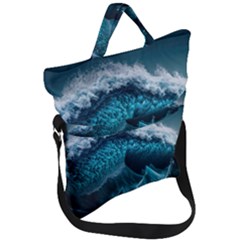 Tsunami Waves Ocean Sea Water Rough Seas Blue Fold Over Handle Tote Bag by Wegoenart