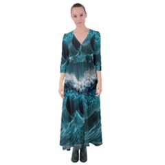 Tsunami Waves Ocean Sea Water Rough Seas Blue Button Up Maxi Dress by Wegoenart