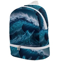 Tsunami Waves Ocean Sea Water Rough Seas Blue Zip Bottom Backpack by Wegoenart