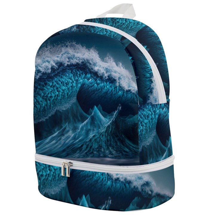 Tsunami Waves Ocean Sea Water Rough Seas Blue Zip Bottom Backpack