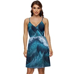 Tsunami Waves Ocean Sea Water Rough Seas Blue V-neck Pocket Summer Dress 