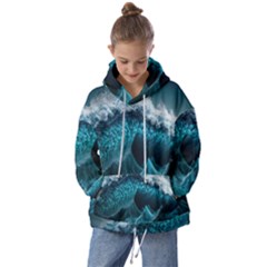 Tsunami Waves Ocean Sea Water Rough Seas Blue Kids  Oversized Hoodie