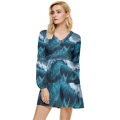 Tsunami Waves Ocean Sea Water Rough Seas Blue Tiered Long Sleeve Mini Dress by Wegoenart