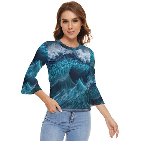 Tsunami Waves Ocean Sea Water Rough Seas Blue Bell Sleeve Top by Wegoenart