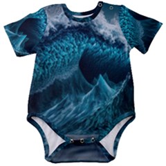 Tsunami Waves Ocean Sea Water Rough Seas Blue Baby Short Sleeve Bodysuit by Wegoenart