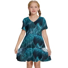 Tsunami Waves Ocean Sea Water Rough Seas Blue Kids  Short Sleeve Tiered Mini Dress by Wegoenart