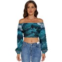 Tsunami Waves Ocean Sea Water Rough Seas Blue Long Sleeve Crinkled Weave Crop Top View1