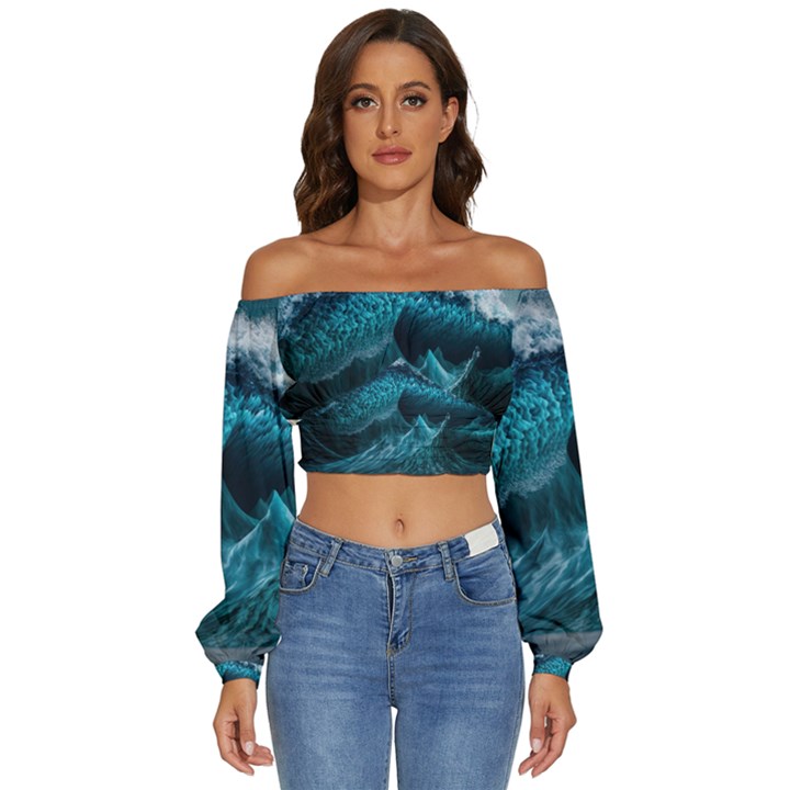 Tsunami Waves Ocean Sea Water Rough Seas Blue Long Sleeve Crinkled Weave Crop Top