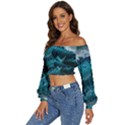 Tsunami Waves Ocean Sea Water Rough Seas Blue Long Sleeve Crinkled Weave Crop Top View2