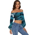 Tsunami Waves Ocean Sea Water Rough Seas Blue Long Sleeve Crinkled Weave Crop Top View3