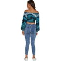 Tsunami Waves Ocean Sea Water Rough Seas Blue Long Sleeve Crinkled Weave Crop Top View4