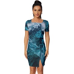 Tsunami Waves Ocean Sea Water Rough Seas Blue Fitted Knot Split End Bodycon Dress by Wegoenart