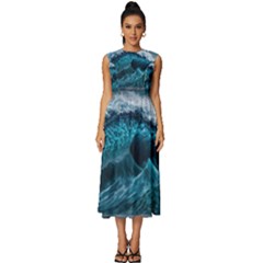 Tsunami Waves Ocean Sea Water Rough Seas Blue Sleeveless Round Neck Midi Dress by Wegoenart