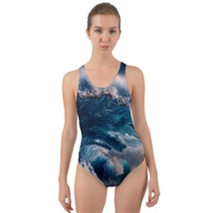 Tsunami Waves Ocean Sea Water Rough Seas Cut-out Back One Piece Swimsuit by Wegoenart