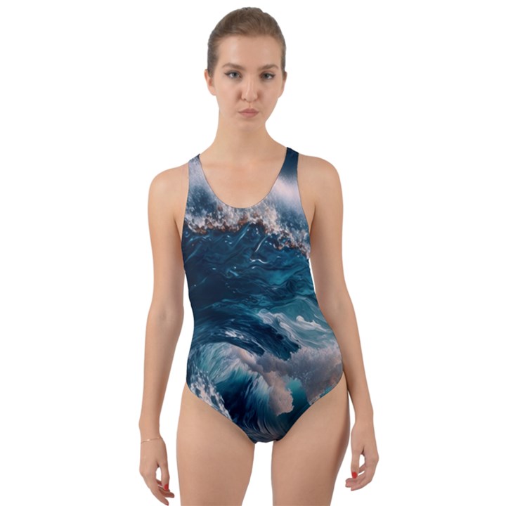 Tsunami Waves Ocean Sea Water Rough Seas Cut-Out Back One Piece Swimsuit