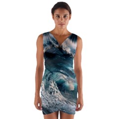 Tsunami Waves Ocean Sea Water Rough Seas Wrap Front Bodycon Dress by Wegoenart