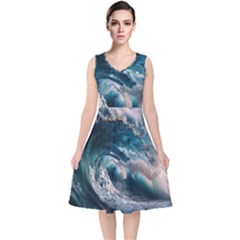 Tsunami Waves Ocean Sea Water Rough Seas V-neck Midi Sleeveless Dress  by Wegoenart