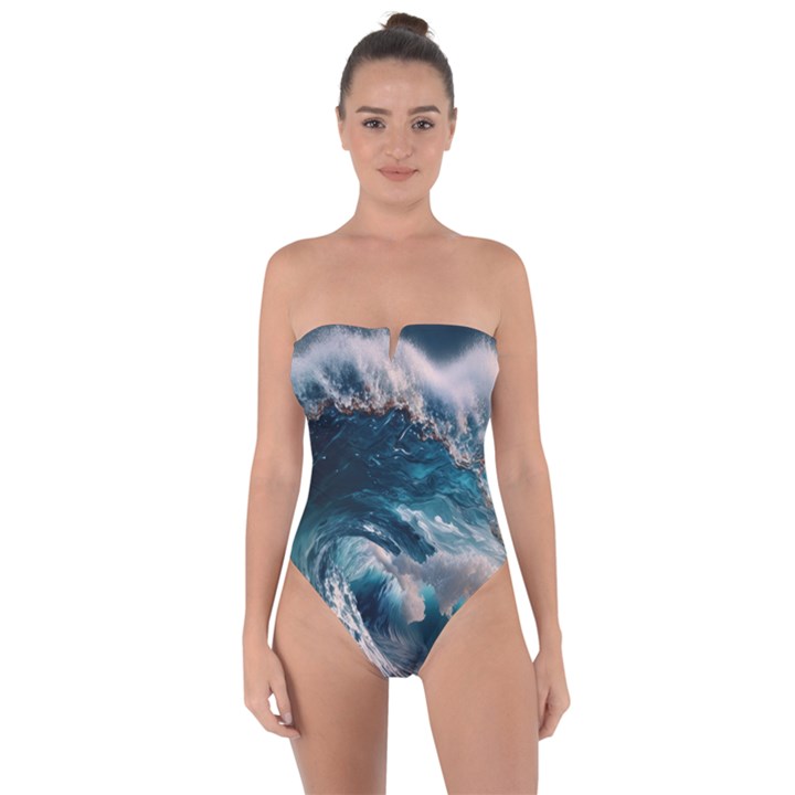 Tsunami Waves Ocean Sea Water Rough Seas Tie Back One Piece Swimsuit