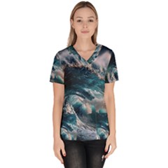 Tsunami Waves Ocean Sea Water Rough Seas Women s V-neck Scrub Top by Wegoenart