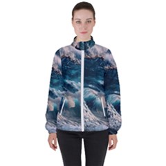 Tsunami Waves Ocean Sea Water Rough Seas Women s High Neck Windbreaker by Wegoenart