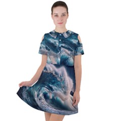 Tsunami Waves Ocean Sea Water Rough Seas Short Sleeve Shoulder Cut Out Dress 