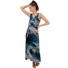 Tsunami Waves Ocean Sea Water Rough Seas V-neck Chiffon Maxi Dress by Wegoenart