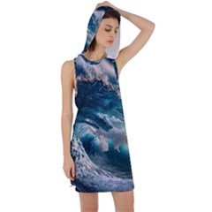 Tsunami Waves Ocean Sea Water Rough Seas Racer Back Hoodie Dress by Wegoenart