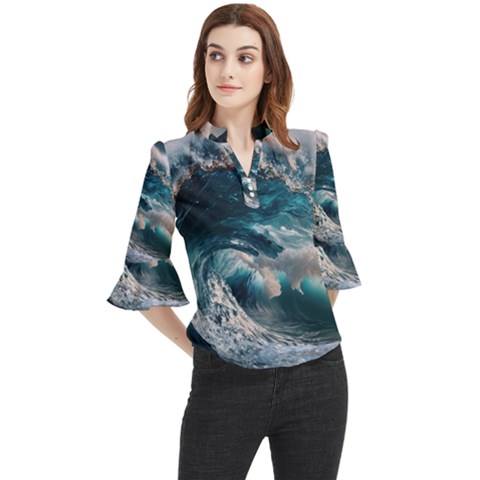 Tsunami Waves Ocean Sea Water Rough Seas Loose Horn Sleeve Chiffon Blouse by Wegoenart