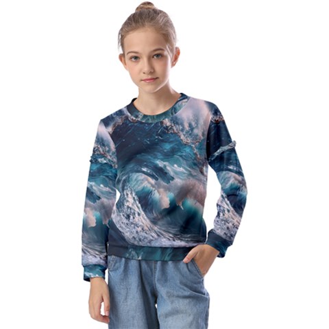 Tsunami Waves Ocean Sea Water Rough Seas Kids  Long Sleeve Tee With Frill  by Wegoenart