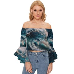 Tsunami Waves Ocean Sea Water Rough Seas Off Shoulder Flutter Bell Sleeve Top by Wegoenart