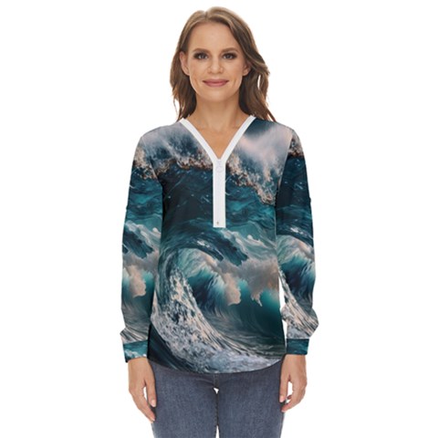 Tsunami Waves Ocean Sea Water Rough Seas Zip Up Long Sleeve Blouse by Wegoenart