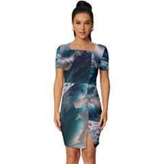 Tsunami Waves Ocean Sea Water Rough Seas Fitted Knot Split End Bodycon Dress by Wegoenart