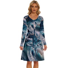 Tsunami Waves Ocean Sea Water Rough Seas Long Sleeve Dress With Pocket by Wegoenart