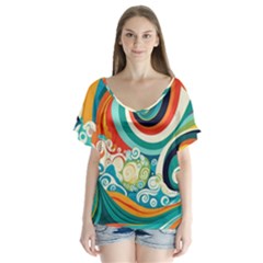 Waves Ocean Sea Abstract Whimsical Abstract Art 2 V-neck Flutter Sleeve Top by Wegoenart