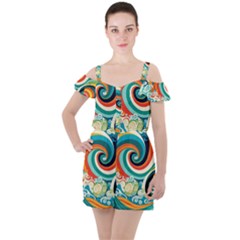 Waves Ocean Sea Abstract Whimsical Abstract Art 2 Ruffle Cut Out Chiffon Playsuit by Wegoenart