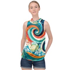 Waves Ocean Sea Abstract Whimsical Abstract Art 2 High Neck Satin Top by Wegoenart