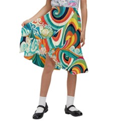 Waves Ocean Sea Abstract Whimsical Abstract Art 2 Kids  Ruffle Flared Wrap Midi Skirt