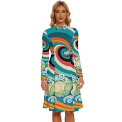 Waves Ocean Sea Abstract Whimsical Abstract Art 2 Long Sleeve Shirt Collar A-line Dress by Wegoenart