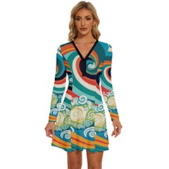 Waves Ocean Sea Abstract Whimsical Abstract Art 2 Long Sleeve Deep V Mini Dress  by Wegoenart